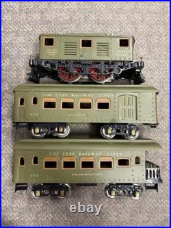 + Ives Prewar Standard Gauge Tinplate Green 3235 Electric Locomotive 2 Car Set
