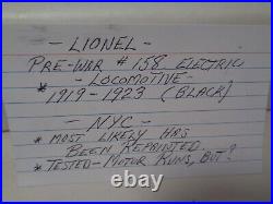 Lionel Prewar #158 Nyc Electric Locomotive Black 1919-1923. Tested