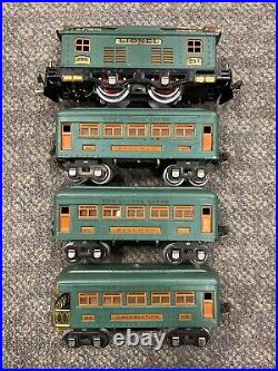 + Lionel Prewar O Tinplate Green 253 Electric Locomotive 3 Car Passenger Set ST + Lionel Prewar O Tinplate Green 253 Electric Locomotive 3 Car Passenger Set ST