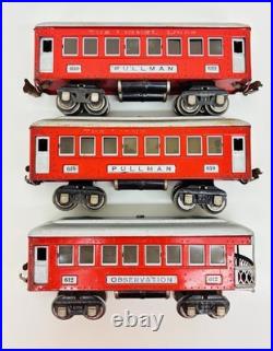 Lionel Prewar Tinplate 610 612 Red Pullman Observation Passenger Cars Set of 3