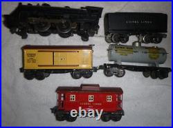 Lionel prewar 204 2689w whistle tender 655 box car 654 tank car & 657 caboose