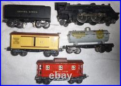 Lionel prewar 204 2689w whistle tender 655 box car 654 tank car & 657 caboose